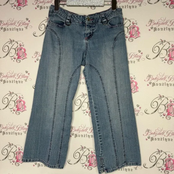Tralia Soda Capri denim jeans with pink stitching, buckle belt, loops Y2K - Picture 3 of 12